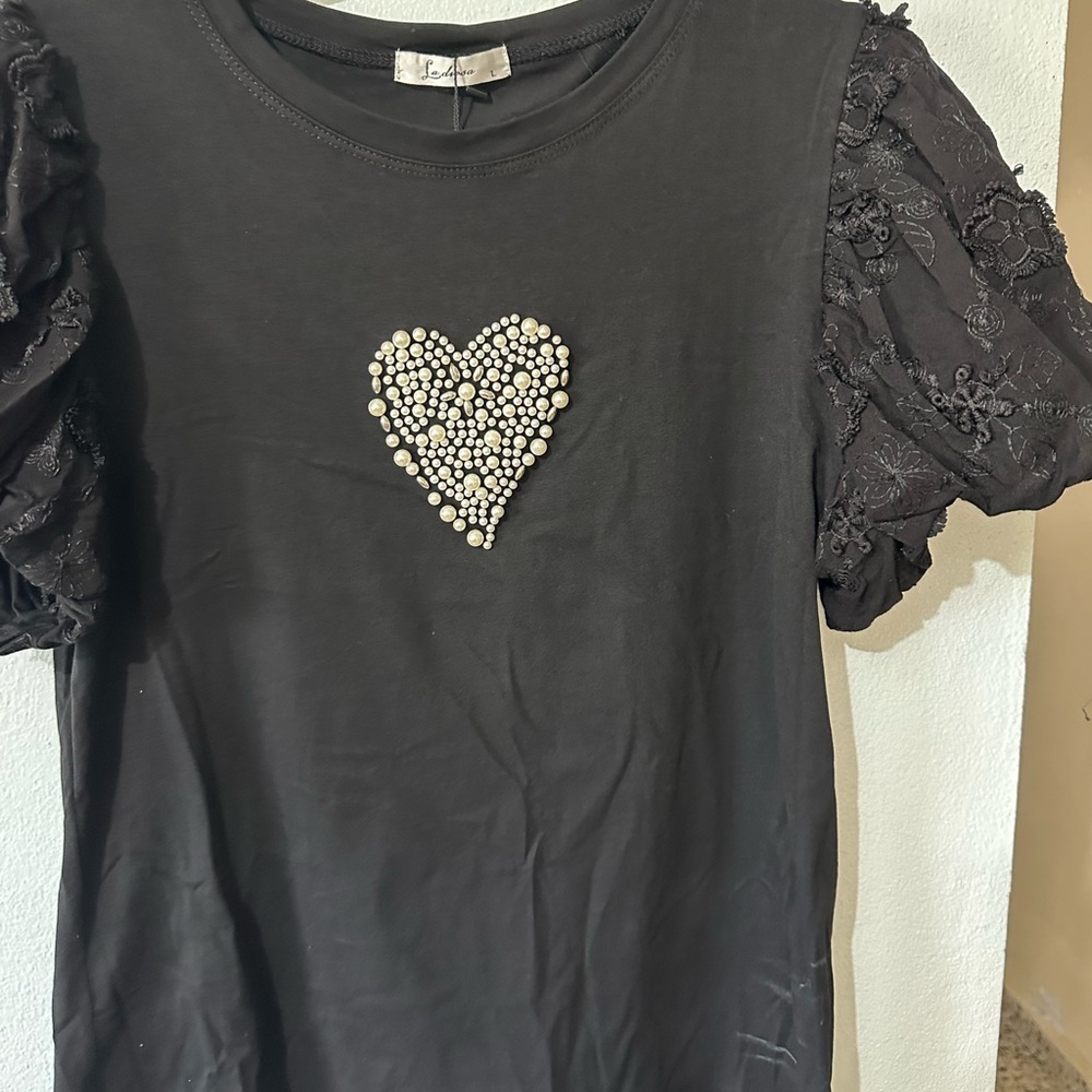 Black Top with Heart Embellishment